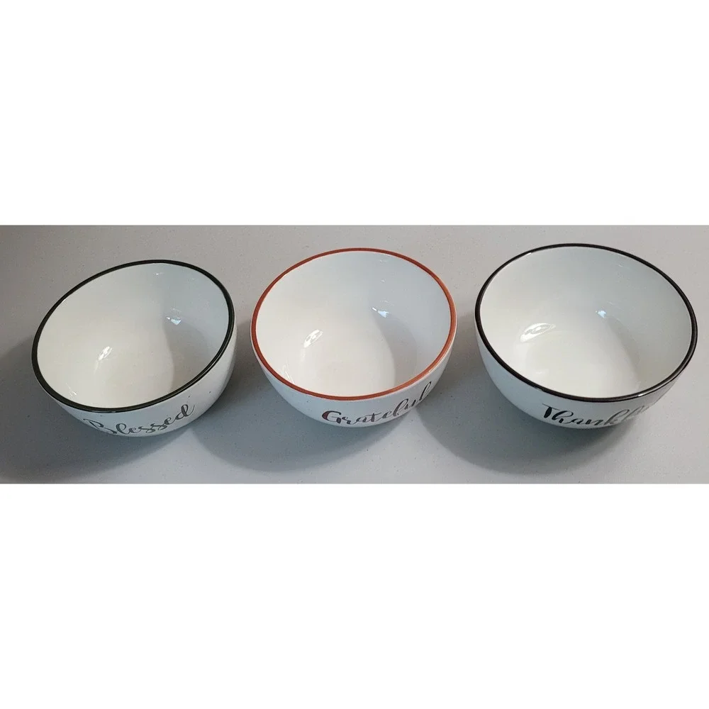 Hobby Lobby Fall Tableware Bowls Set 3 Blessed Grateful Thankful White Speckled